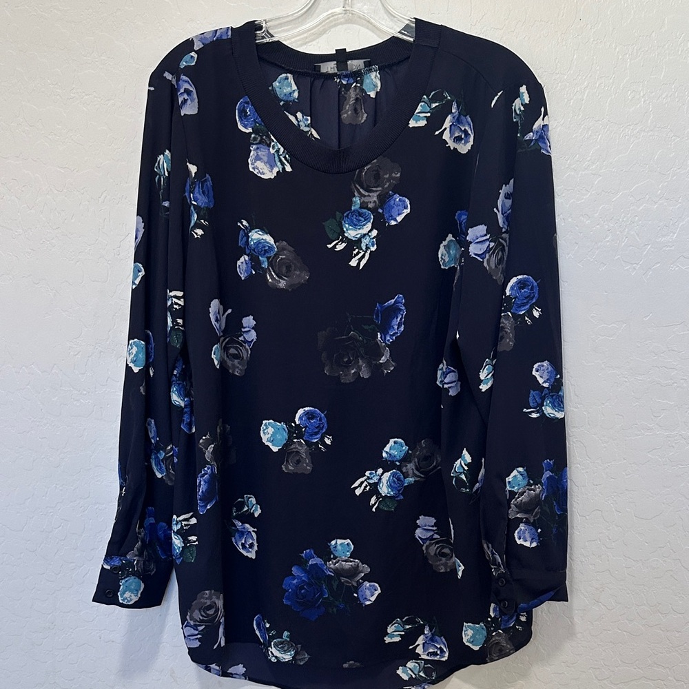 Thakoon Black Blue Floral Blouse top XL long sleeve career‎ business women’s